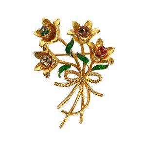 Corel Signed Flowers Bouquet Rhinestones Enamel Brooch Gold Tone 1.8in READ